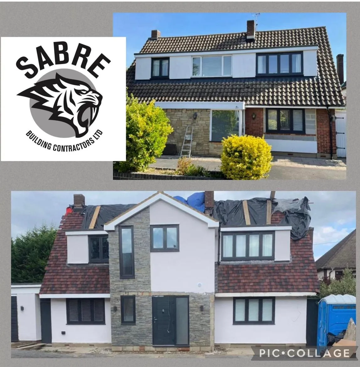 A collage of photos of a house with the Sabre logo on it.